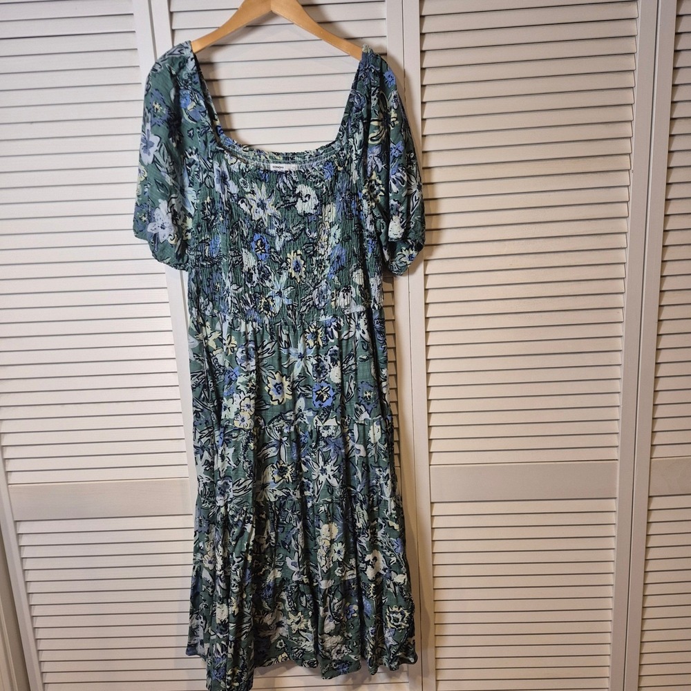 Sonoma Midi‎ Dress XXL Green Floral Smocked Beachy Tropical Vacation Square Neck